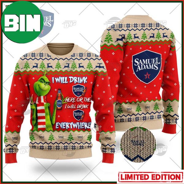 Grinch I Will Drink Here Or There Samuel Adams Beer Ugly Christmas Holiday Sweater