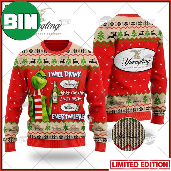 Grinch I Will Drink Here Or There Yuengling Lager Beer Ugly Christmas Holiday Sweater