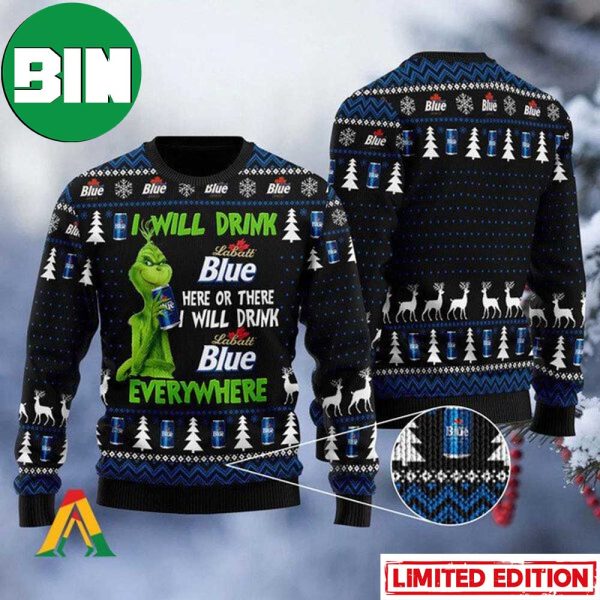 Grinch I Will Drink Labatt Blue Everywhere Ugly Christmas Sweater