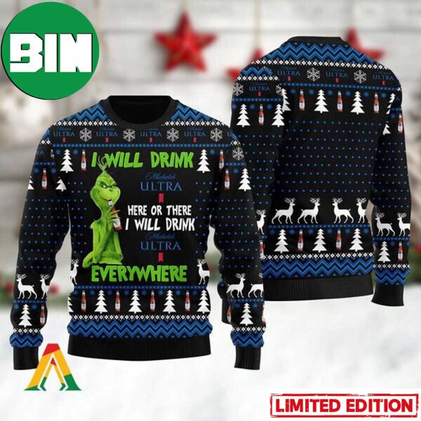 Grinch I Will Drink Michelob Ultra Everywhere Ugly Christmas Sweater