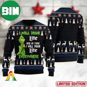Grinch I Will Drink Miller Lite Everywhere Ugly Christmas Sweater