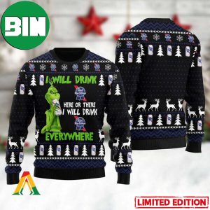 Grinch I Will Drink Pabst Blue Ribbon Everywhere Ugly Christmas Sweater