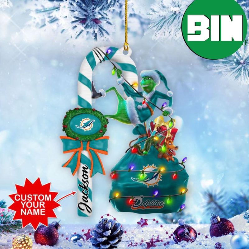 Miami Dolphins NFL Custom Name Grinch Candy Cane Tree Decorations Ornament  - Binteez