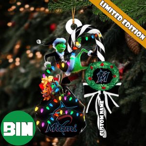 Miami Marlins MLB Custom Name Grinch Candy Cane Tree Decorations Xmas 2023 Gift Christmas Ornament