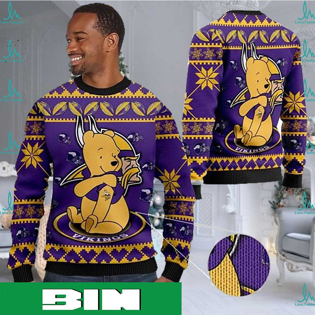 Minnesota Vikings NFL American Football Team Logo Cute Winnie The Pooh Bear Christmas Ugly Sweater