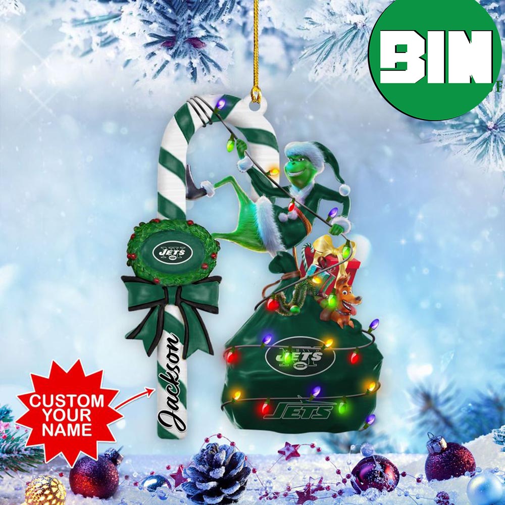 New York Jets Grinch Candy Cane Christmas Ornament -   Worldwide Shipping