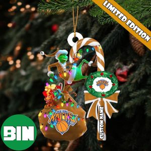 New York Knicks NBA Custom Name Grinch Candy Cane Tree Decorations Christmas 2023 Ornament
