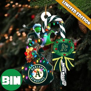 Oakland Athletics MLB Custom Name Grinch Candy Cane Tree Decorations Xmas 2023 Gift Christmas Ornament