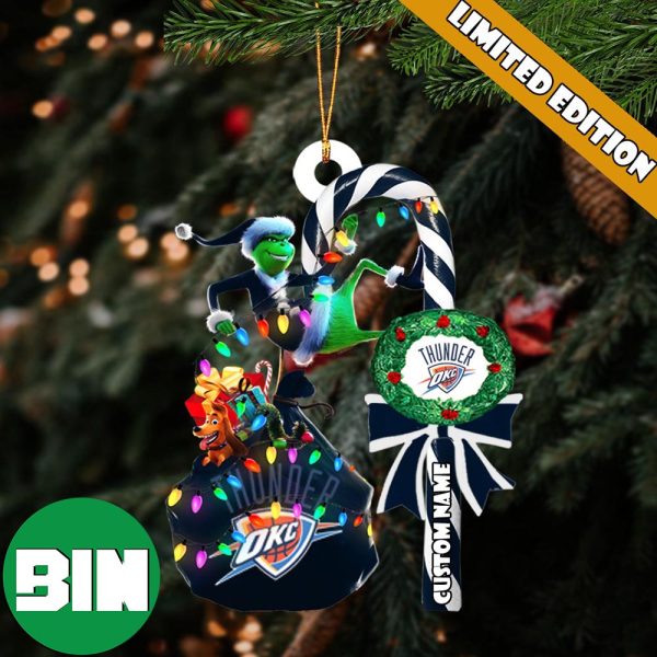 Oklahoma City Thunder NBA Custom Name Grinch Candy Cane Tree Decorations Christmas 2023 Ornament