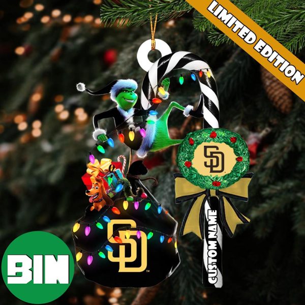 San Diego Padres MLB Custom Name Grinch Candy Cane Tree Decorations Xmas 2023 Gift Christmas Ornament