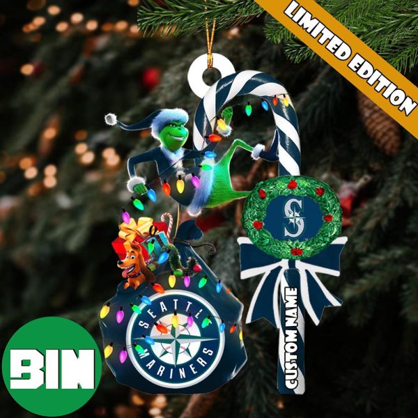 Seattle Mariners MLB Custom Name Grinch Candy Cane Tree Decorations Xmas 2023 Gift Christmas Ornament