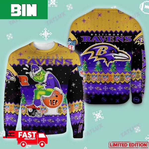 Baltimore Ravens Grinch Toilet 3D NFL Fan Gift 2023 Ugly Christmas Sweater