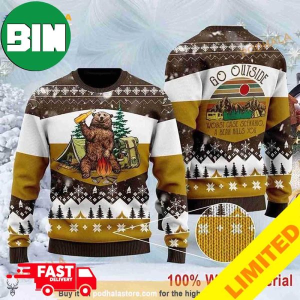 Bear Beer Campfire Yellow Xmas Funny 2023 Holiday Custom And Personalized Idea Christmas Ugly Sweater
