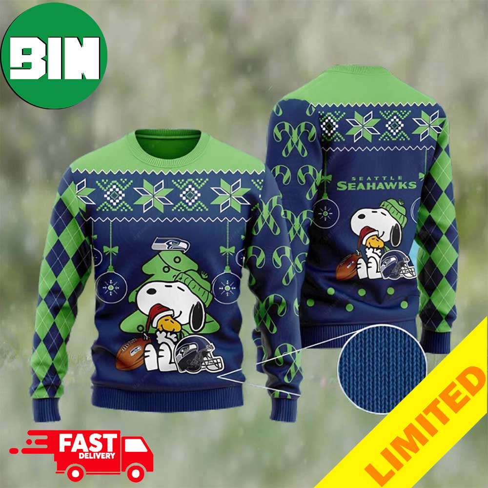 Charlie Brown Snoopy 2023 Holiday Gift Seattle Seahawks Christmas Ugly Sweater For Men And Women