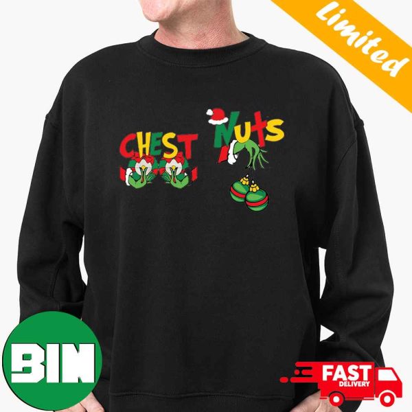 Chest And Nuts Funny Christmas Grinch Hand Holding Boobs Christmas 2023 Gift Holiday T-Shirt