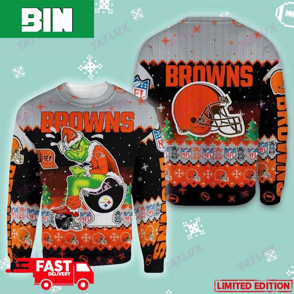 Cleveland Browns Grinch Toilet 3D Holiday 2023 Gift Ugly Christmas Sweater