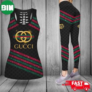 Gucci Stripe Tank Top And Leggings Luxury Brand Clothes Outfit Gym For Women  - Binteez