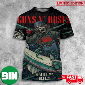 Guns N Roses American Tour 2023 Saturday October 14 Climate Pledge Arena Seattle WA Full Show Combine Skeleton Versus Kraken 3D T-Shirt