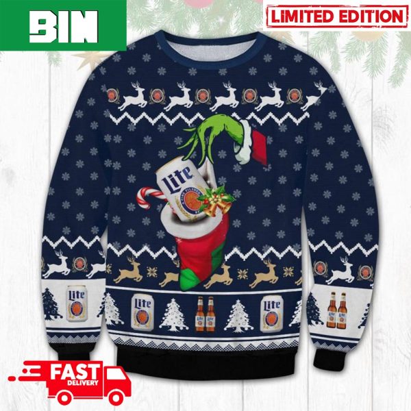 Miller Lite with Grinch Hand Ugly Christmas Sweater For Beer Lovers