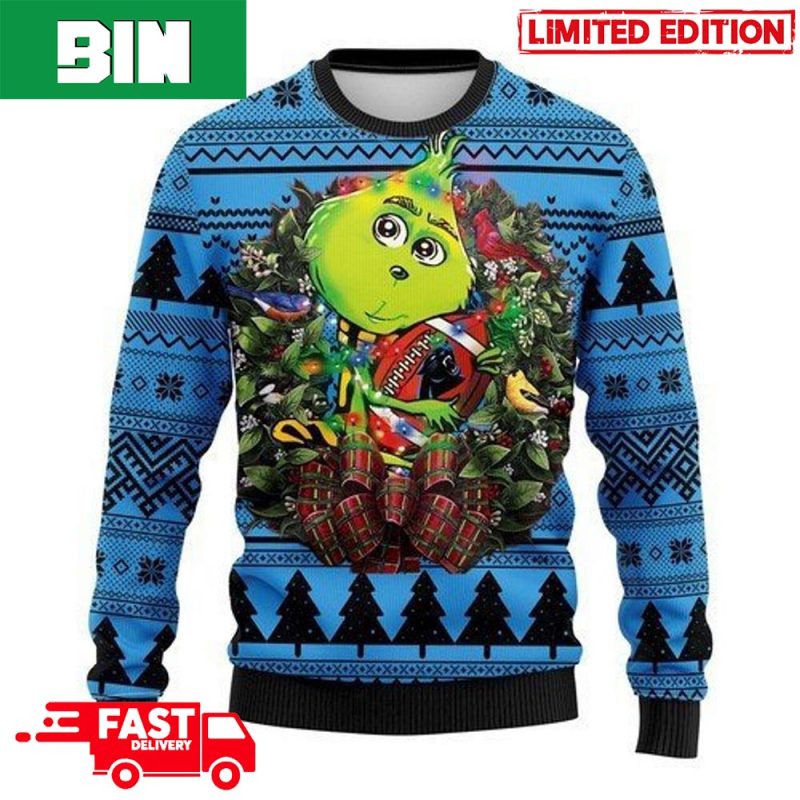 Carolina Panthers Baby Groot And Grinch Best Friends Ugly Christmas Sweater