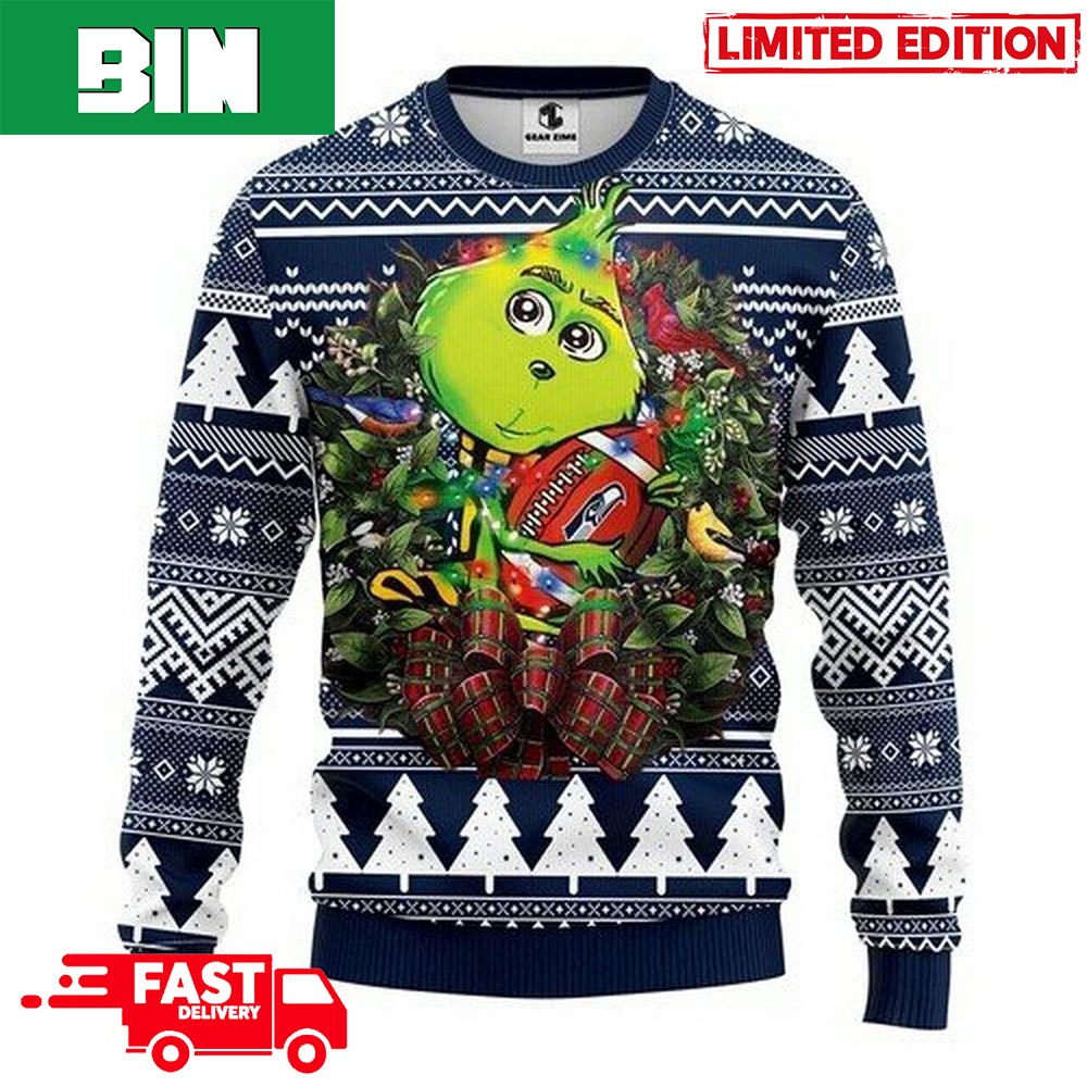 NFL Seattle Seahawks Grinch Hug 3D Christmas Gift For Holiday 2023 Ugly Sweater