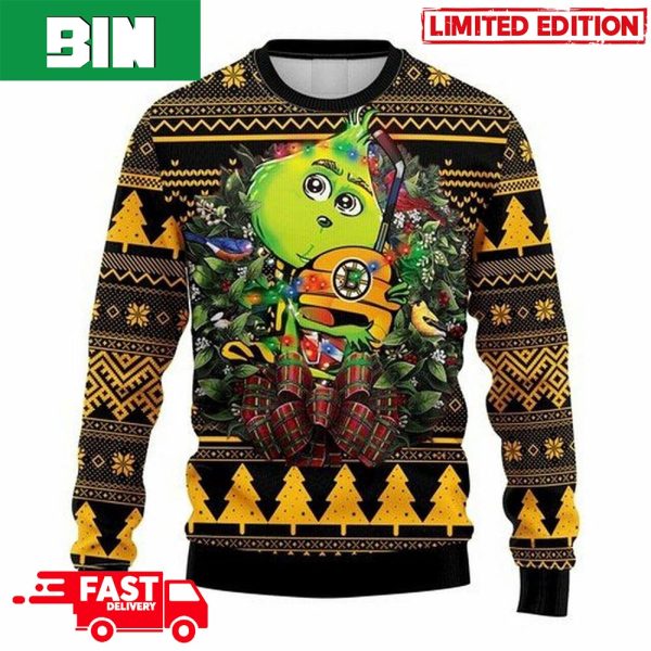 NHL Boston Bruins Grinch Hug 3D Christmas Gift For Holiday 2023 Ugly Sweater For Men And Women