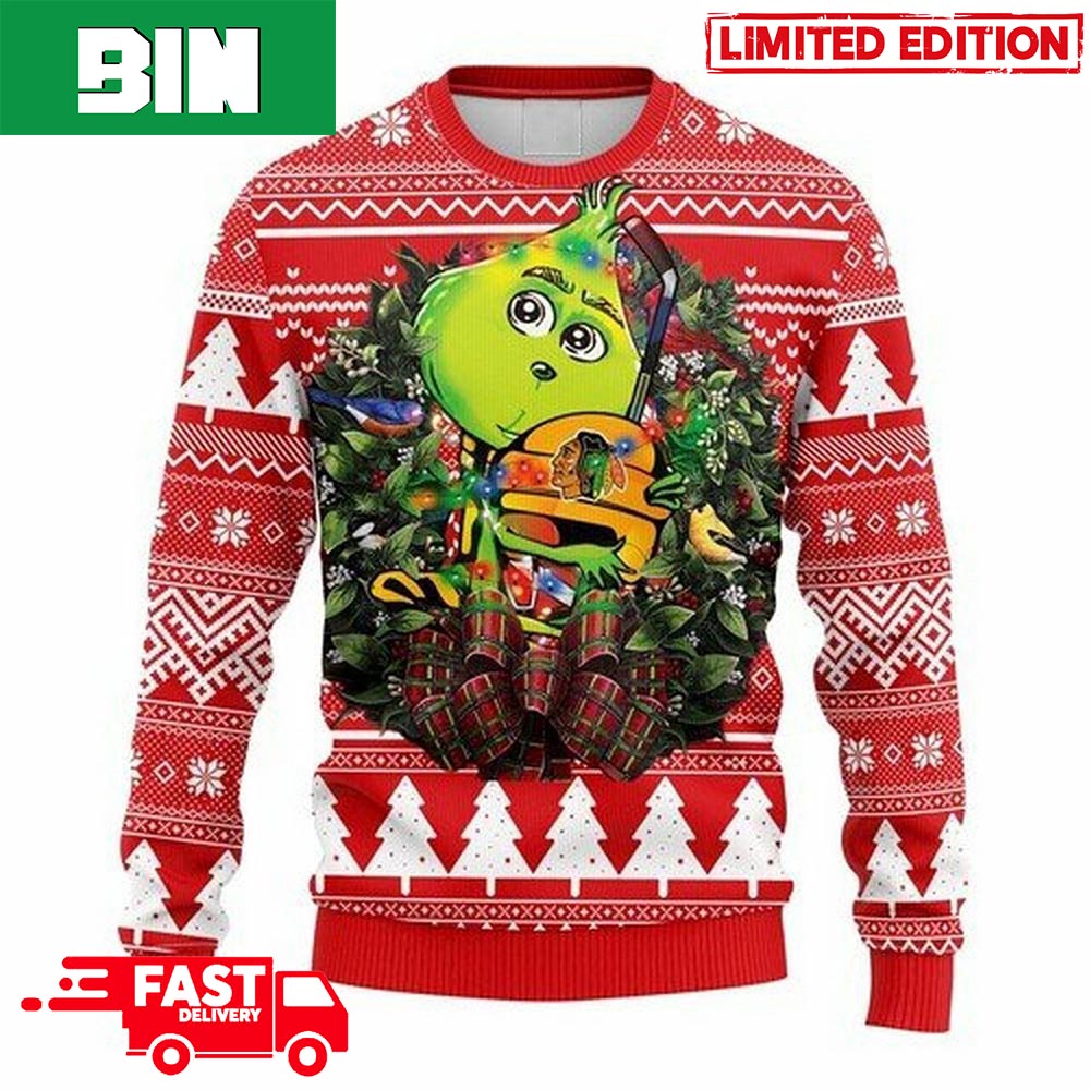 Custom NHL Chicago Blackhawks Ugly Christmas Sweater Grinch Drink Up  Christmas Gift For Football Fans