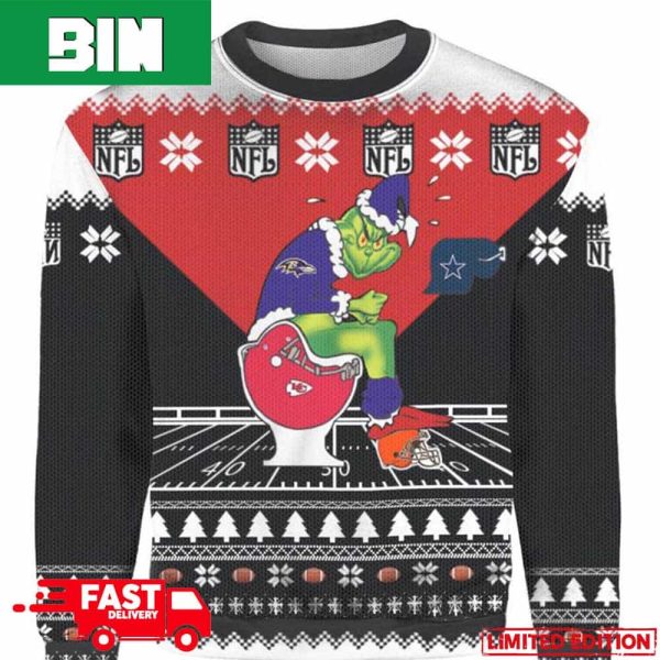 Personalized Grinch Baltimore Ravens Sitting On Kansas City Chiefs Toilet Xmas 2023 Gift 3D Christmas Ugly Sweater