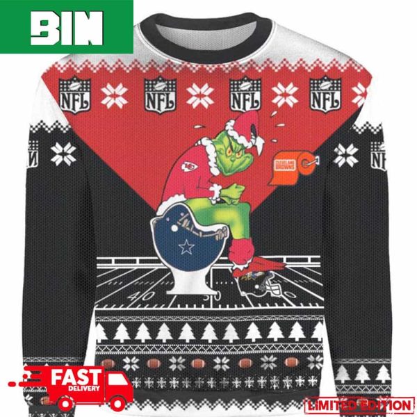 Personalized Grinch Kansas City Chiefs Sitting On Dallas Cowboys Toilet Xmas 2023 Gift 3D Christmas Ugly Sweater