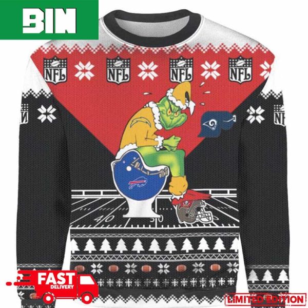 Personalized Grinch Los Angeles Chargers Sitting On Buffalo Bills Toilet Xmas Gift 2023 3D Christmas Ugly Sweater