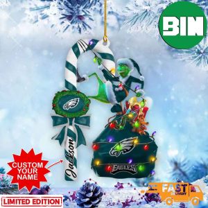 Philadelphia Eagles NFL Custom Name Grinch Candy Cane 2 Side Ornament