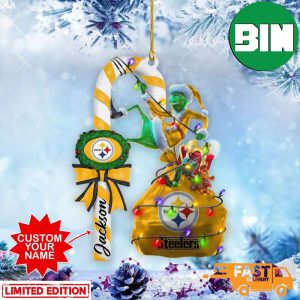 Pittsburgh Steelers NFL Custom Name Grinch Candy Cane 2 Sides Ornament