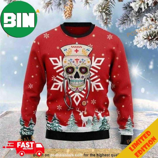 Red Christmas Patterns Sugar Skull Nurse 3D Funny Ugly Sweater