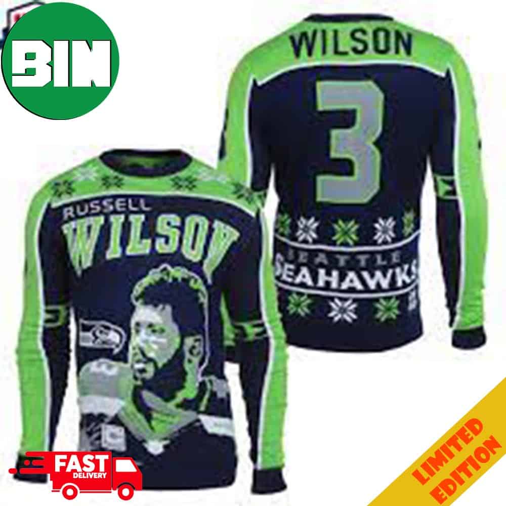 Russell Wilson Number 3 Seattle Seahawks NFL Player EBay Limited Edition 2023 Holiday Ugly Sweater