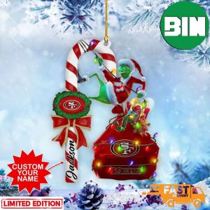 San Francisco 49ers NFL Custom Name Grinch Candy Cane Two Sides Ornament