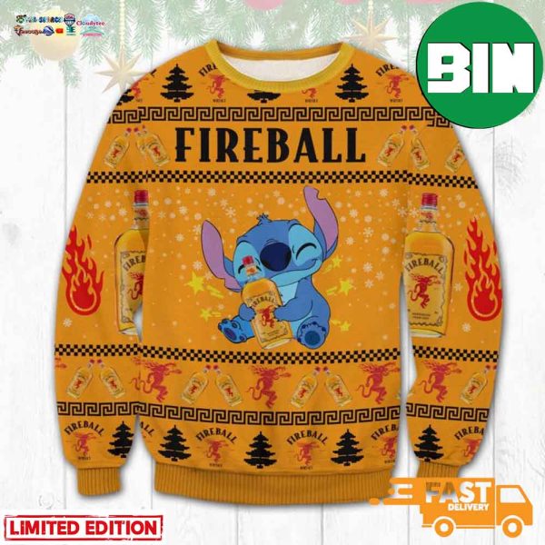 Stitch Hug Fireball Ugly Christmas Sweater For Whiskey Lovers