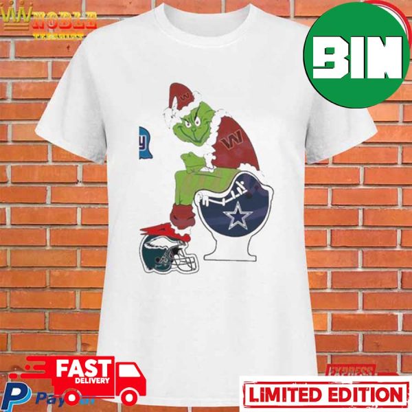 Washington Commanders The Grinch Sitting On Toilet With Other Teams Funny NFL Christmas T-Shirt