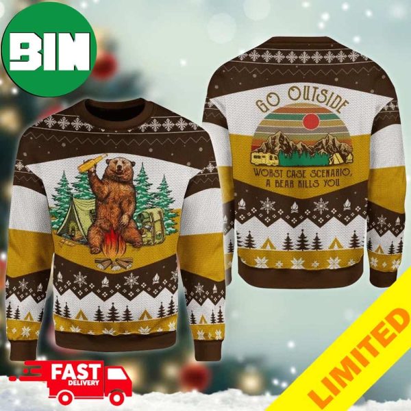 A Bear With Beer Go Outside Camping Xmas Funny 2023 Holiday Custom And Personalized Idea Christmas Ugly Sweater