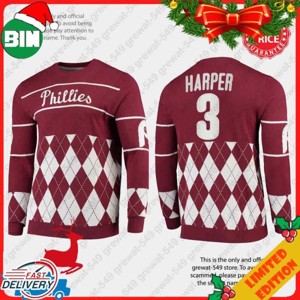 Bryce Harper Number 3 Philadelphia Phillies 2023 Christmas Ugly Sweater