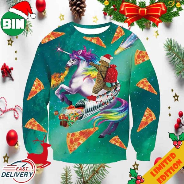 Cat Riding Unicorn Funny Pizza Cat Ugly Sweater For Men And Women