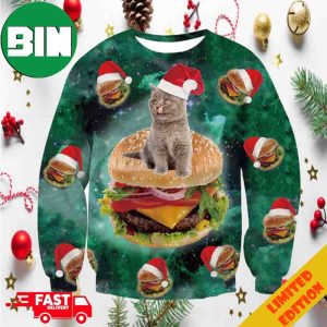 Cat Sitting Hamburger Green Ugly Sweater