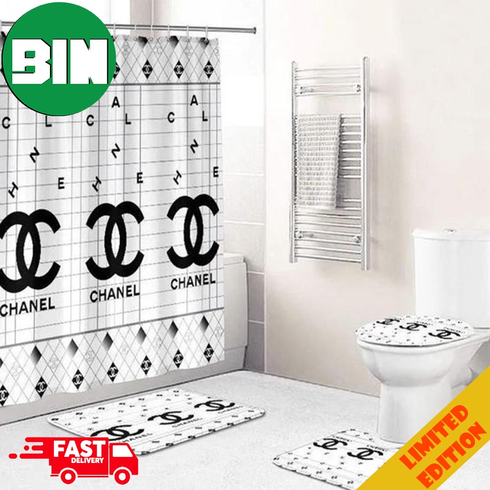 Chanel Shower Curtain Black And White Logo Luxury Bathroom Set - Binteez