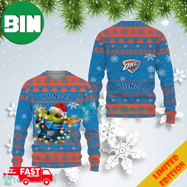 Christmas 2023 Oklahoma City Thunder Baby Yoda Christmas Light Ugly Christmas Sweater For Men And Women