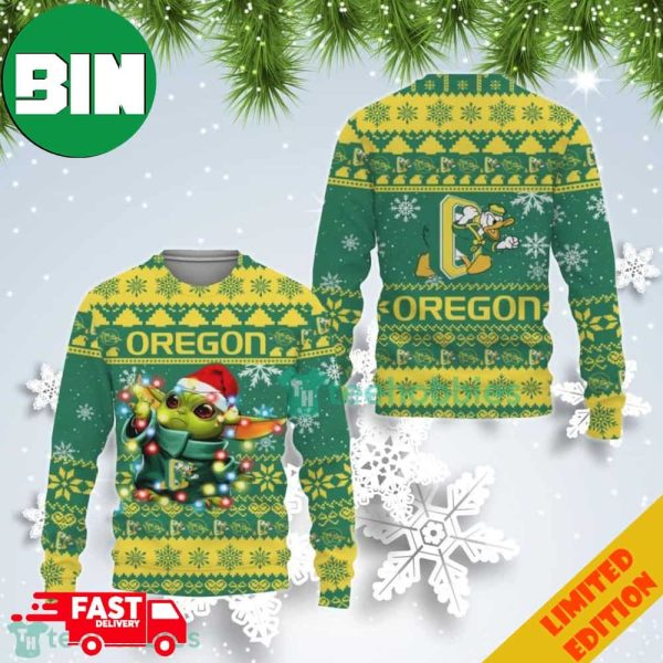 Christmas 2023 Oregon Ducks Baby Yoda Christmas Light Ugly Christmas Sweater For Men And Women