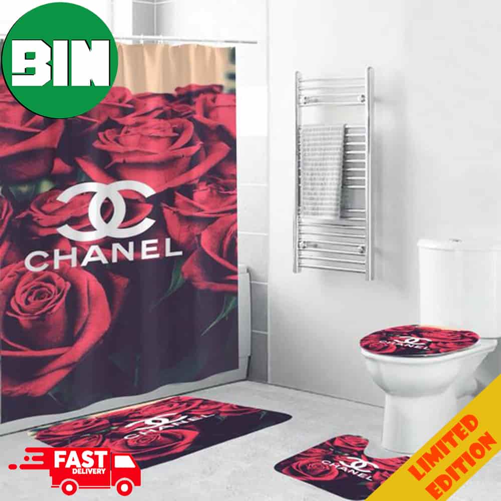 Coco Chanel Logo In Red Roses Background Bathroom Set Shower Curtain -  Binteez
