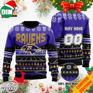 Custom Name Number NFL Baltimore Ravens Rugby Stadium Ugly Christmas Sweater For Men And Women
