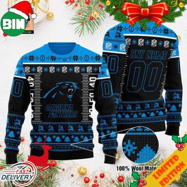 Custom Name Number NFL Logo Carolina Panthers Ugly Christmas Sweater For Men And Women