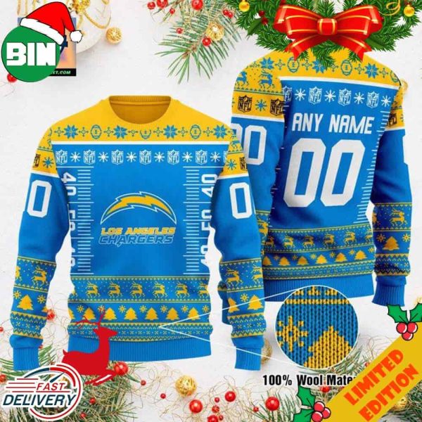 Custom Name Number NFL Logo Los Angeles Chargers Ugly Christmas Sweater For Men And Women