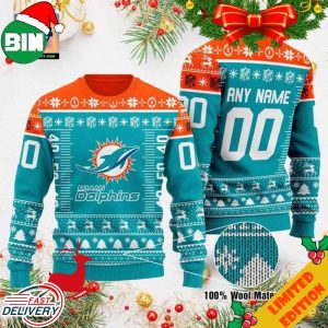 Custom Name Number NFL Logo Miami Dolphins Ugly Christmas Sweater For Men And Women
