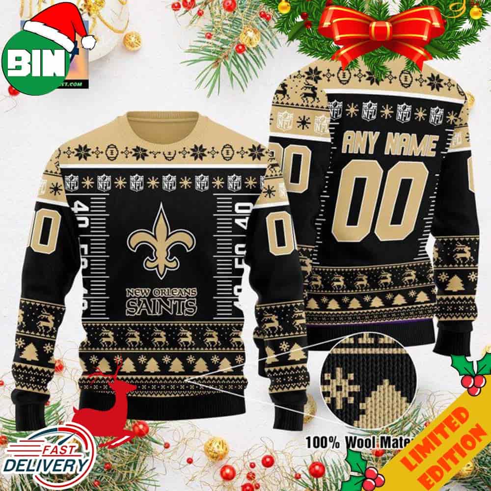 Custom Name Number NFL Logo New Orleans Saints Ugly Christmas Sweater For Men And Women